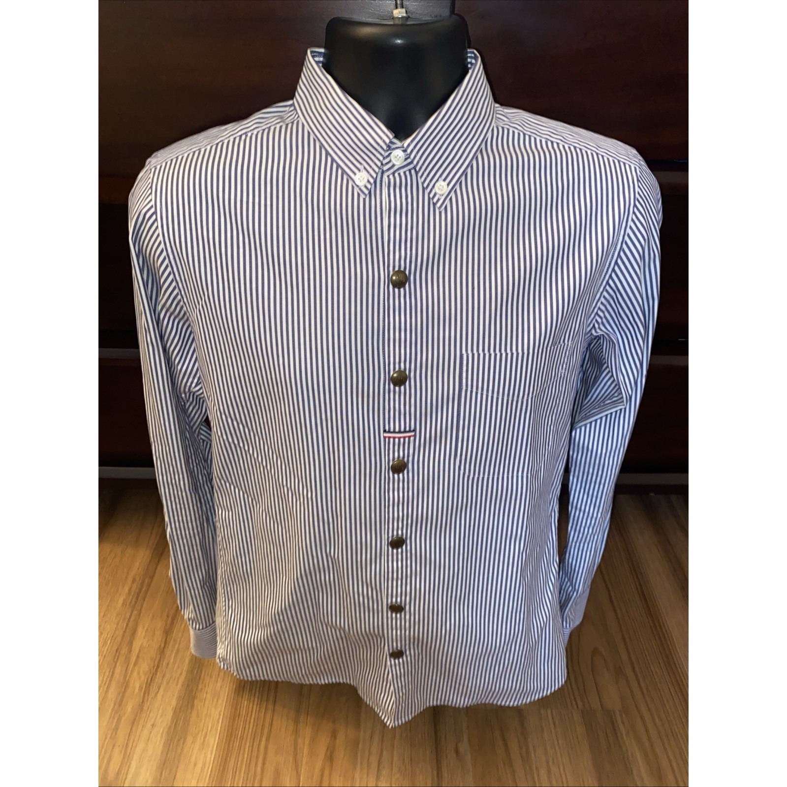 Moncler Gamme Bleu White Blue Striped Button Down Shirt Made In Italy Logo Patch
